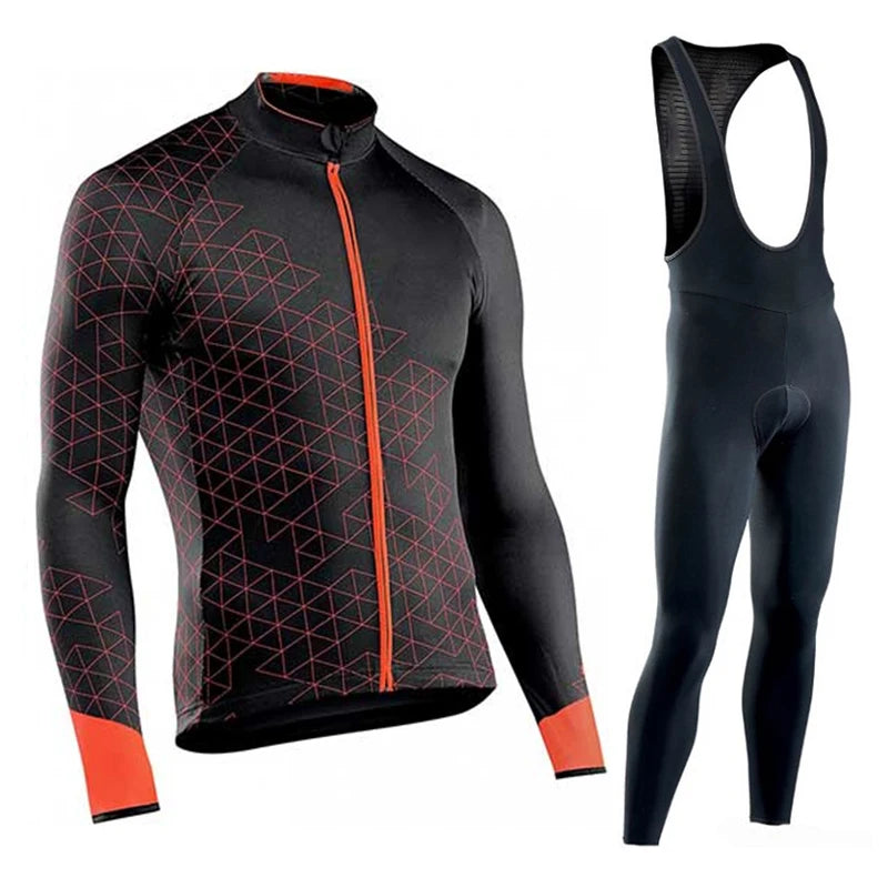 Men's Long Sleeve Cycling Jersey and Bib Tights Set Black Geometric Pattern