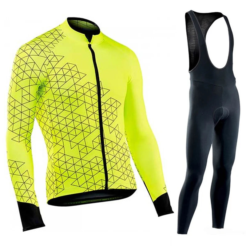 Men's Long Sleeve Cycling Jersey and Bib Tights Set Black Geometric Pattern