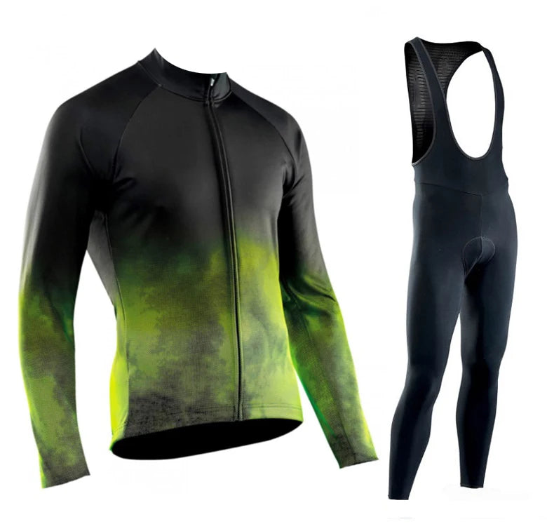 Men's Long Sleeve Cycling Jersey and Bib Tights Set Black Geometric Pattern