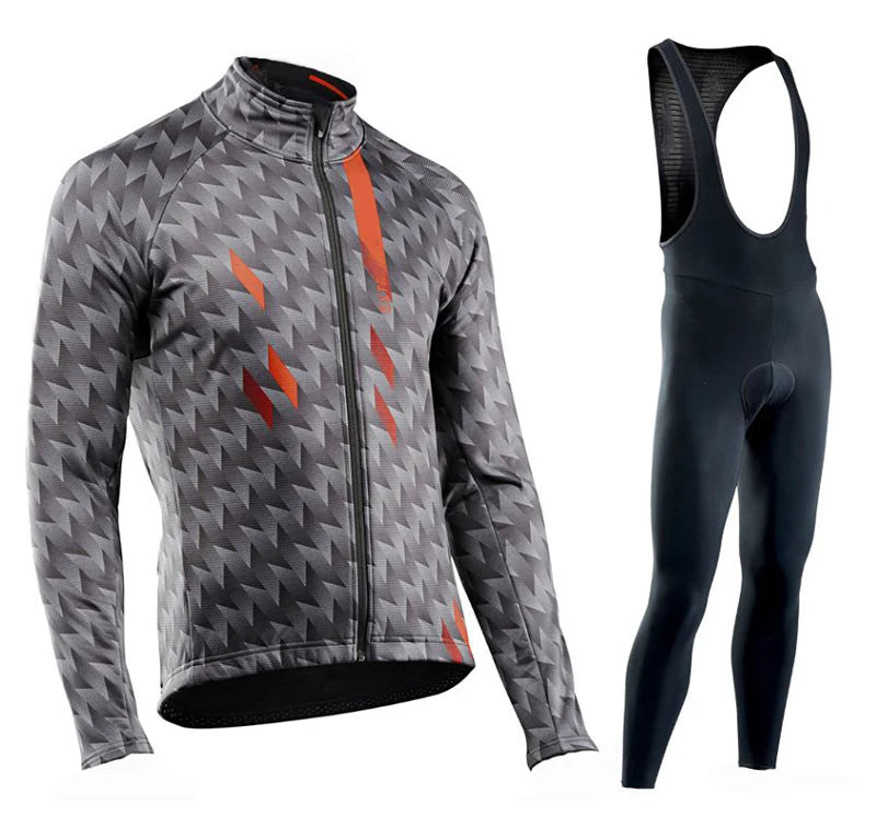 Men's Long Sleeve Cycling Jersey and Bib Tights Set Black Geometric Pattern
