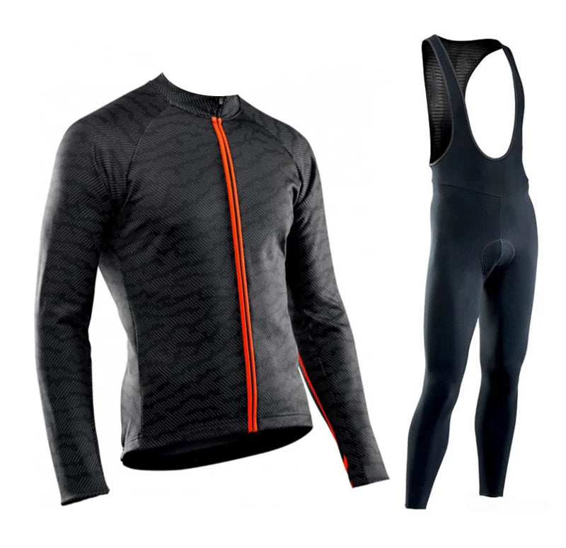 Men's Long Sleeve Cycling Jersey and Bib Tights Set Black Geometric Pattern