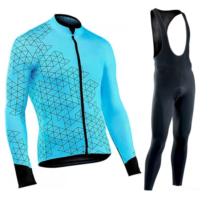 Men's Long Sleeve Cycling Jersey and Bib Tights Set Black Geometric Pattern