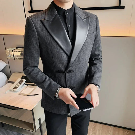 Chaqueta Blazer Premium de Otoño/Invierno para Hombre, Estilo Chino, con Cuello de Solapa, Elegante Traje de Negocios para Bodas y Eventos Formales.