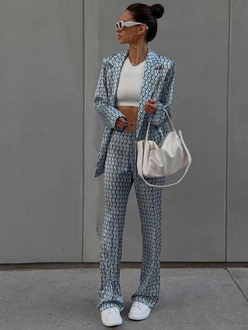 Women Office Satin Suit Sets Printed V-neck Long Sleeve 2 Piece Pant Matching Set