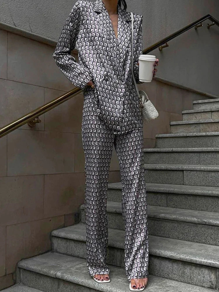 Women Office Satin Suit Sets Printed V-neck Long Sleeve 2 Piece Pant Matching Set