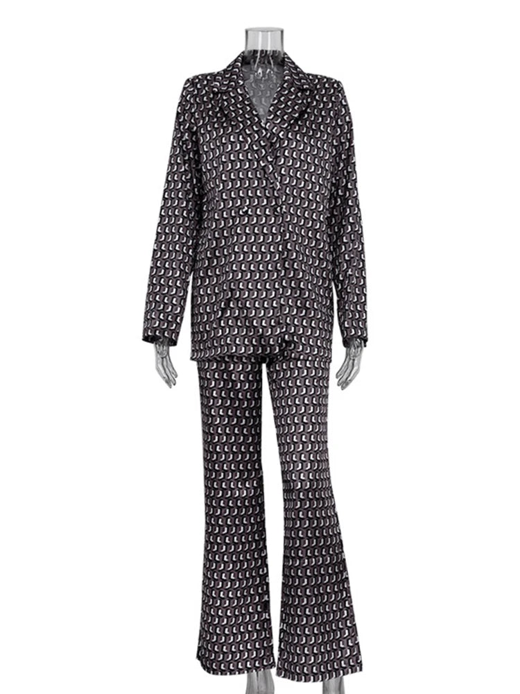 Women Office Satin Suit Sets Printed V-neck Long Sleeve 2 Piece Pant Matching Set