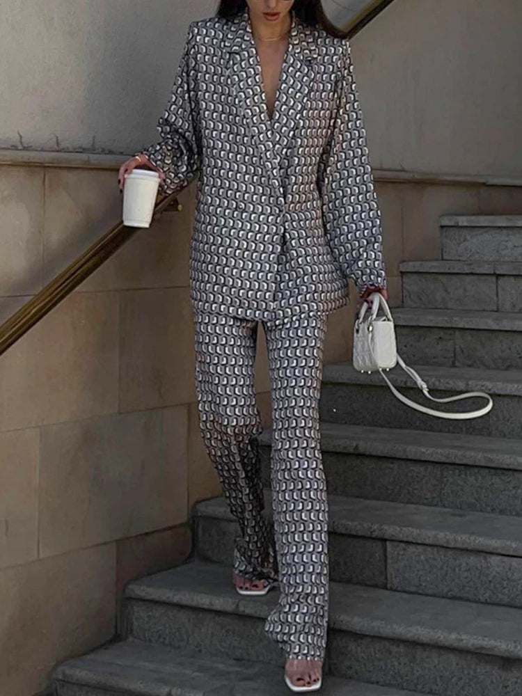 Women Office Satin Suit Sets Printed V-neck Long Sleeve 2 Piece Pant Matching Set