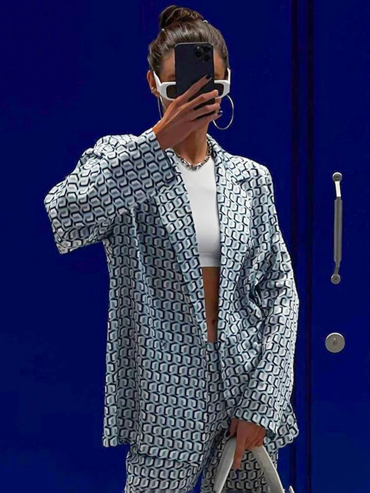 Conjunto de traje de oficina de satén para mujer, estampado, cuello en V, manga larga, pantalón de 2 piezas a juego
