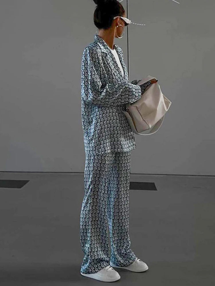Women Office Satin Suit Sets Printed V-neck Long Sleeve 2 Piece Pant Matching Set