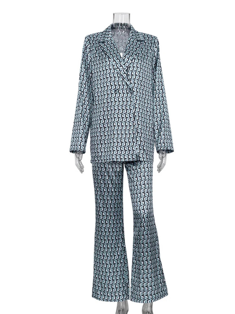 Women Office Satin Suit Sets Printed V-neck Long Sleeve 2 Piece Pant Matching Set