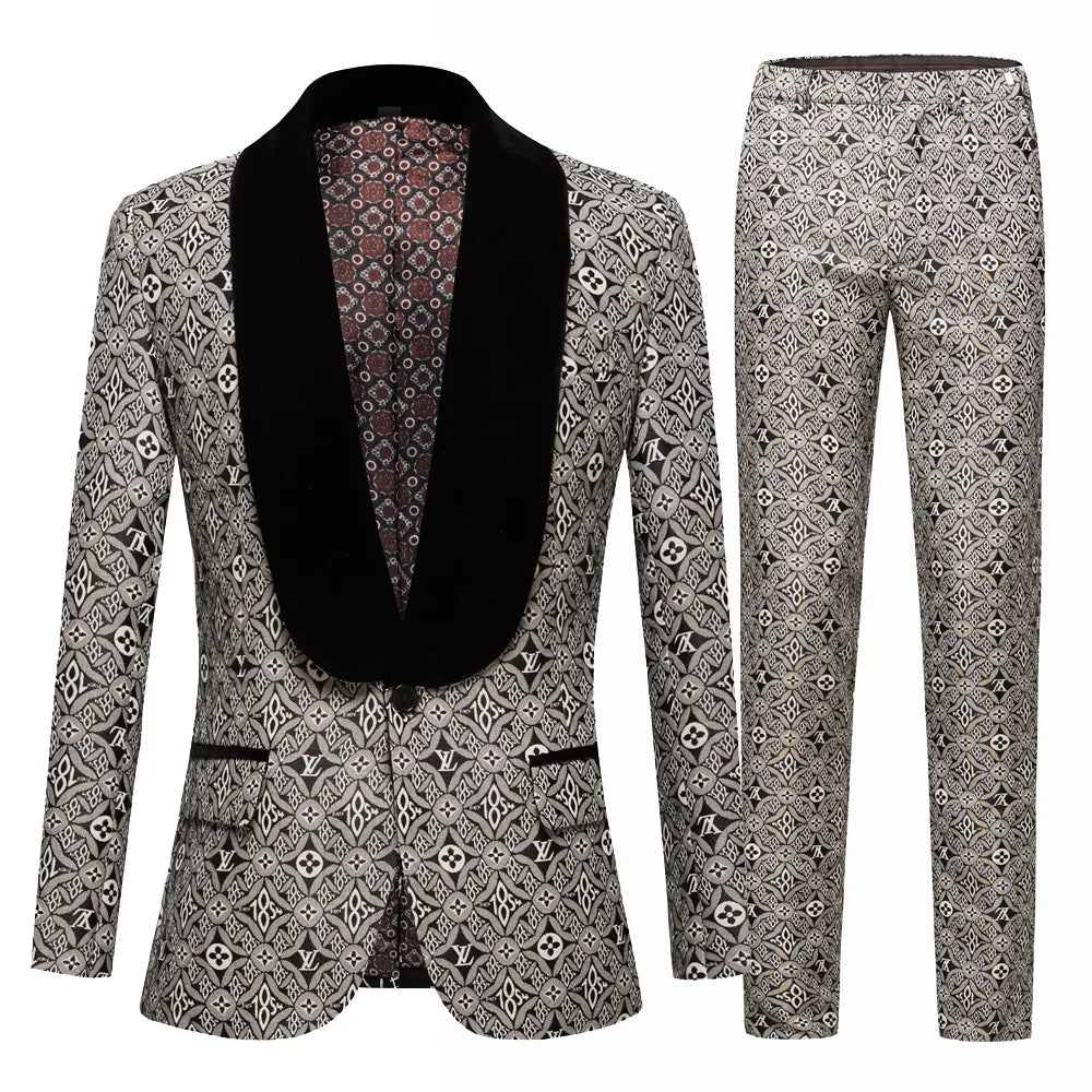 Traje de hombre con cuello de fruta verde jacquard en blanco y negro, estilo occidental, de dos piezas, ajustado, para banquetes 