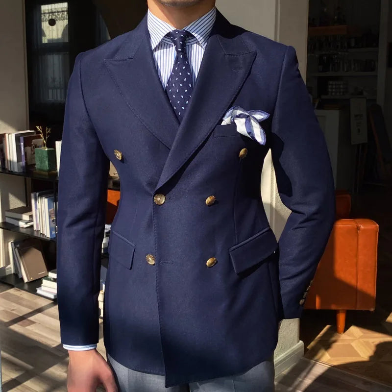 British Style Men Blazers Double Breasted Casual Suit Jacket Wedding Business Dress Coat Social Banquet Tuxedo Costume