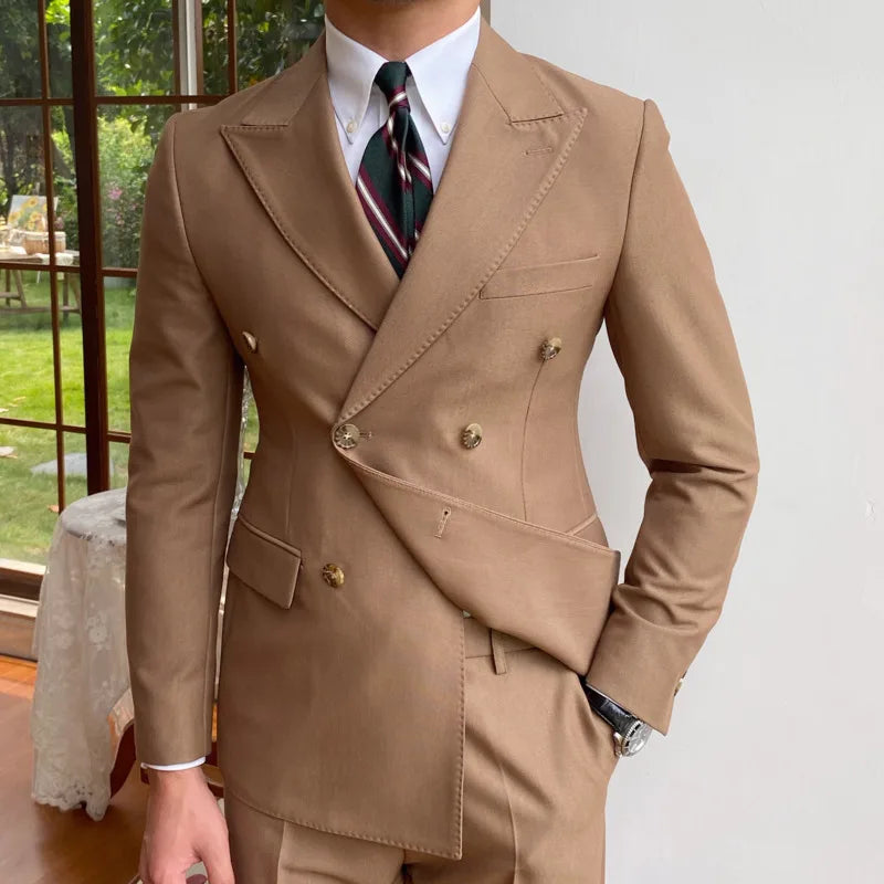 British Style Men Blazers Double Breasted Casual Suit Jacket Wedding Business Dress Coat Social Banquet Tuxedo Costume