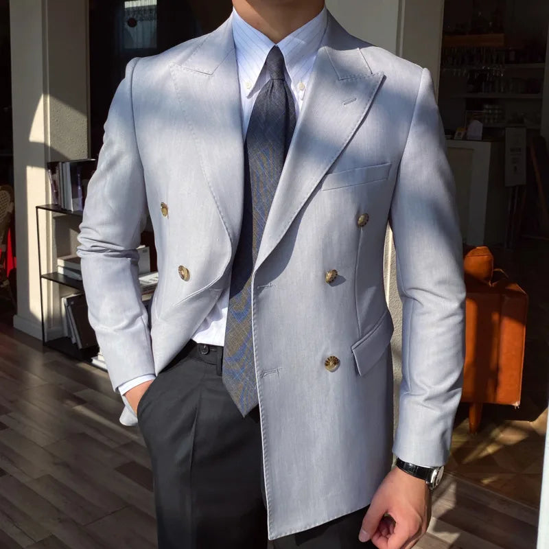 British Style Men Blazers Double Breasted Casual Suit Jacket Wedding Business Dress Coat Social Banquet Tuxedo Costume
