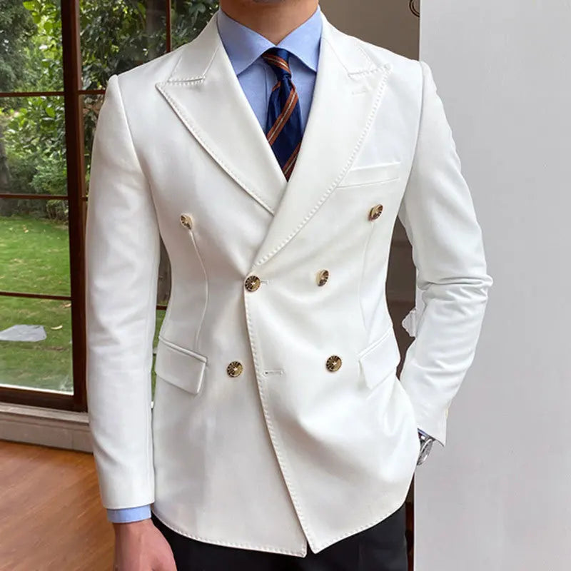British Style Men Blazers Double Breasted Casual Suit Jacket Wedding Business Dress Coat Social Banquet Tuxedo Costume
