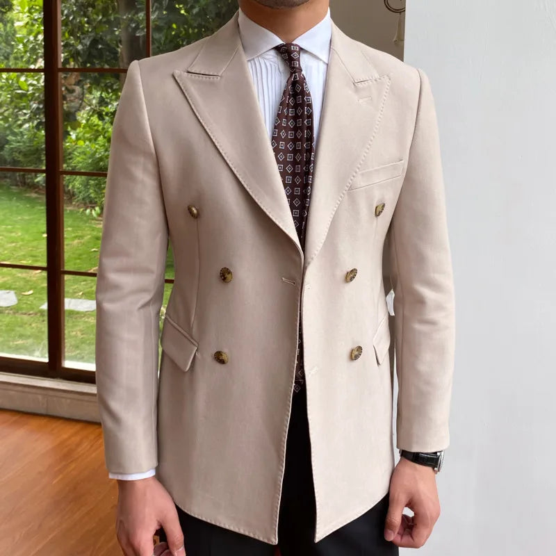 British Style Men Blazers Double Breasted Casual Suit Jacket Wedding Business Dress Coat Social Banquet Tuxedo Costume