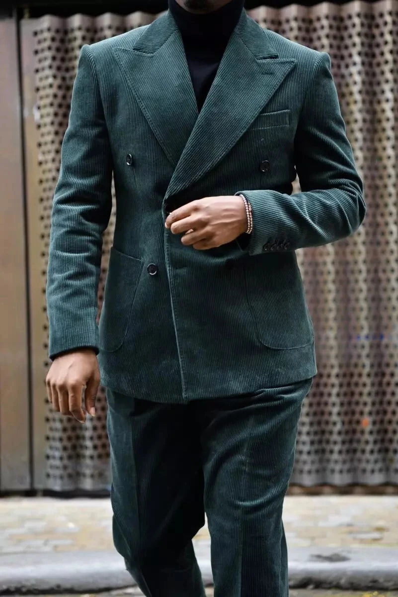 Costume 2 pièces en velours côtelé pour homme, veste et pantalon, coupe slim, revers pointus, pour mariage, bal de promo