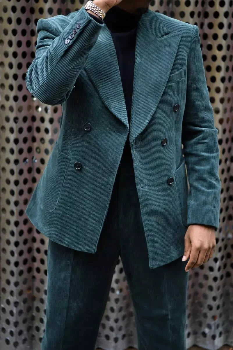 Costume 2 pièces en velours côtelé pour homme, veste et pantalon, coupe slim, revers pointus, pour mariage, bal de promo
