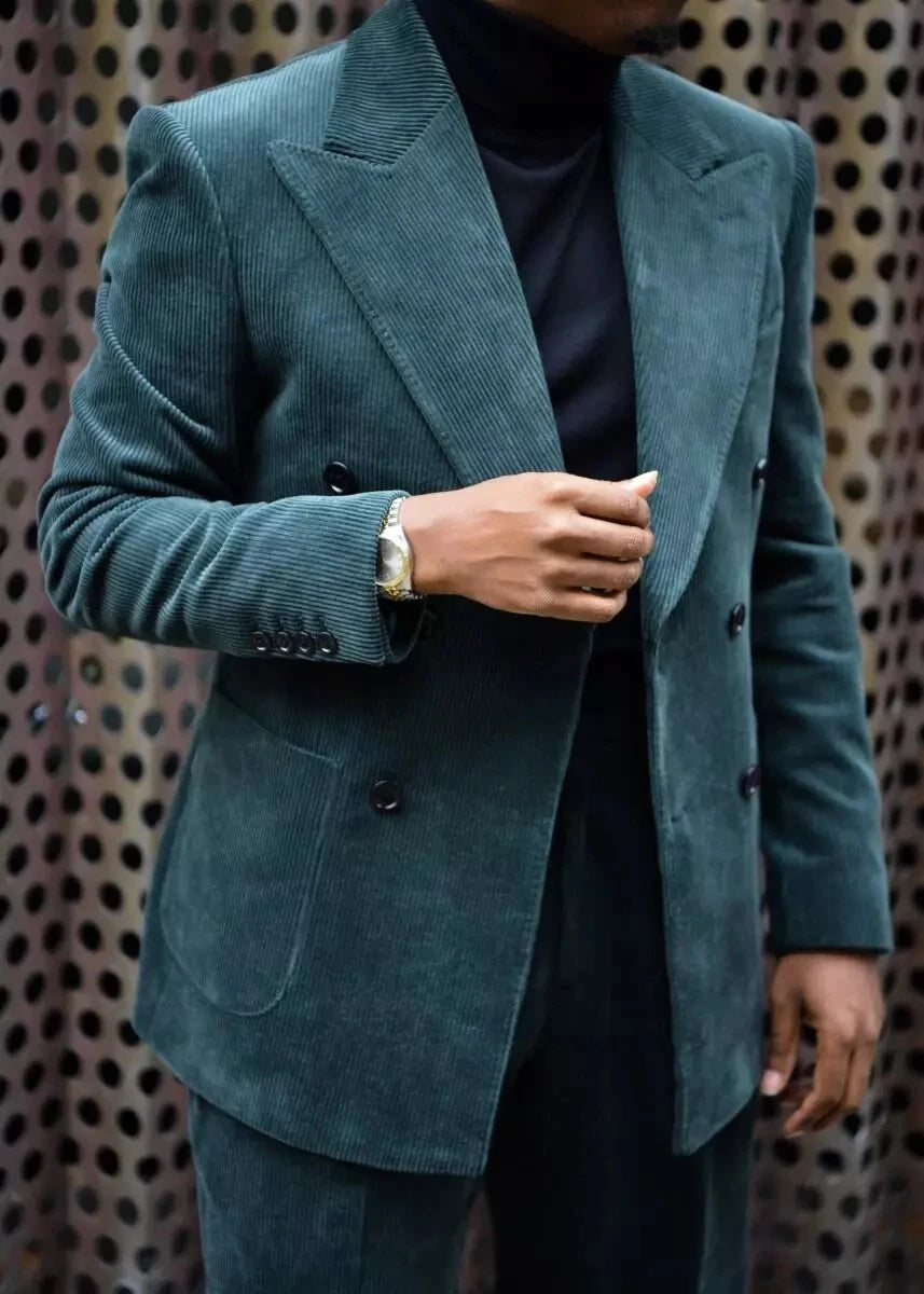 Costume 2 pièces en velours côtelé pour homme, veste et pantalon, coupe slim, revers pointus, pour mariage, bal de promo