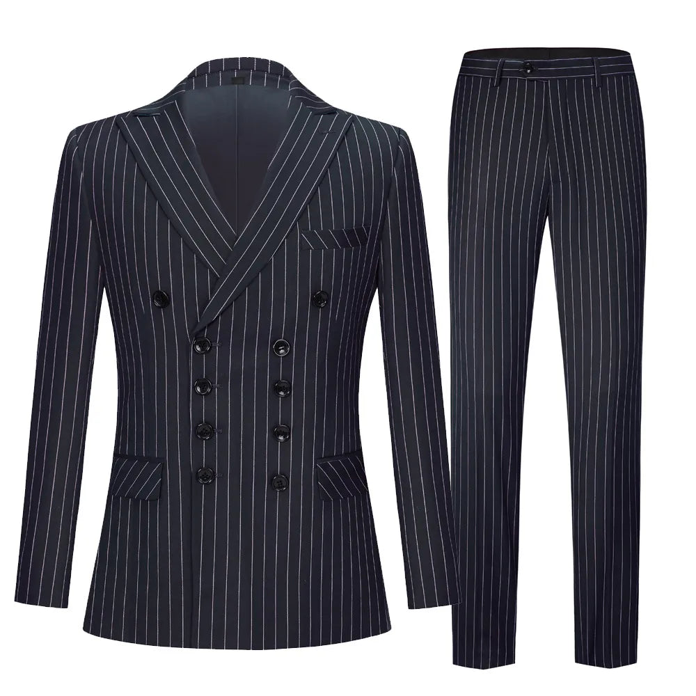 Costume croisé pour homme, costume britannique bleu à rayures, costume décontracté pour le travail, les hommes décorent le corps de la robe de mariée du marié.