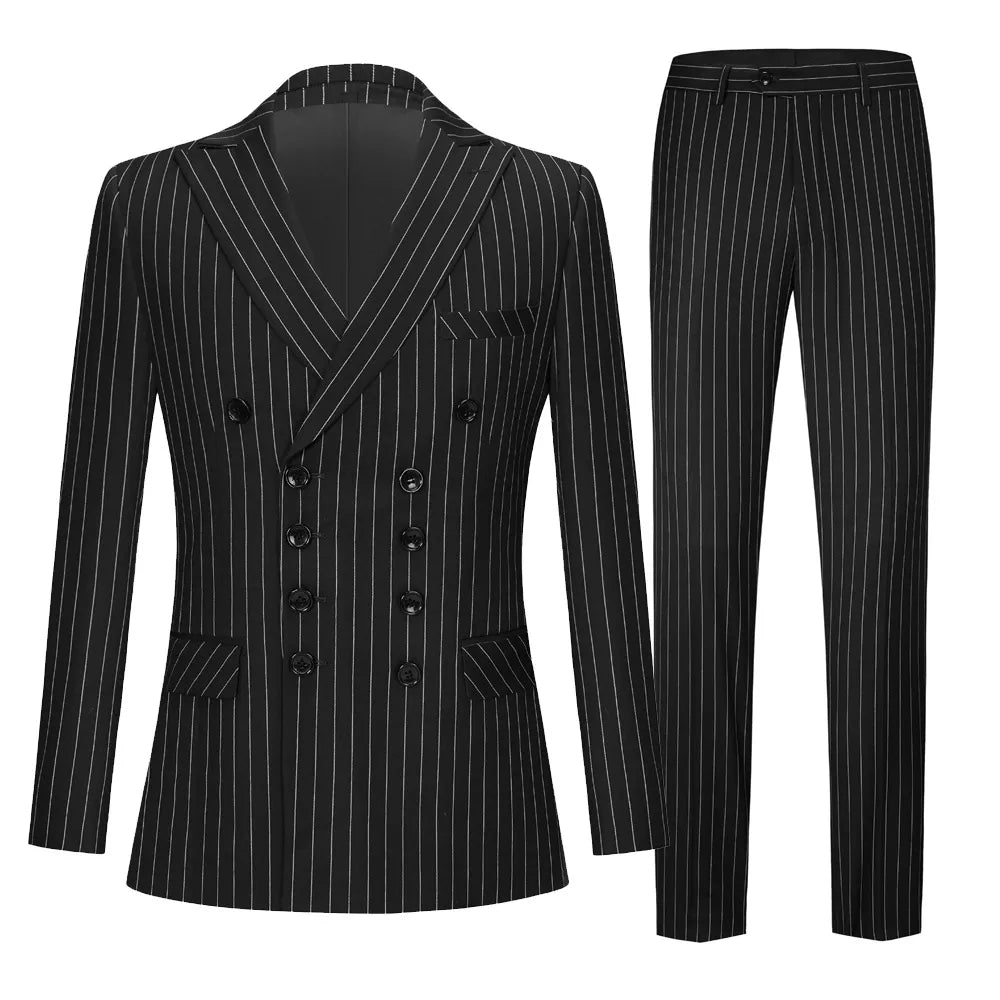 Costume croisé pour homme, costume britannique bleu à rayures, costume décontracté pour le travail, les hommes décorent le corps de la robe de mariée du marié.
