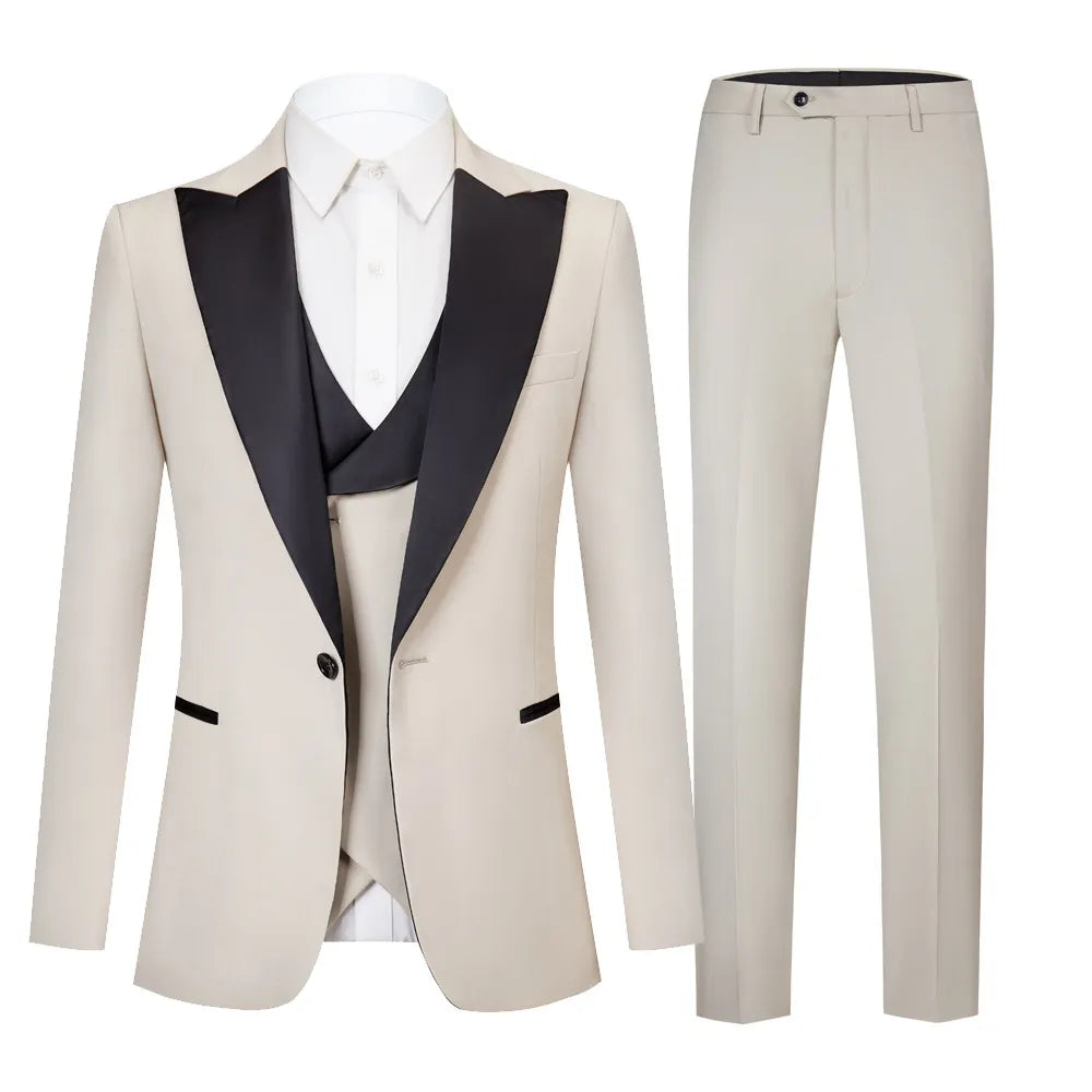 Traje de tres piezas ajustado de color liso para hombre, con cuello de solapa y cierre, traje informal de negocios, color negro C