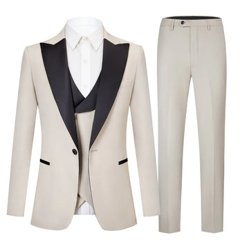 Men's Slim Solid Color Suit Three-piece Closure Lapel Collar Suit Business Casual Suit Black C