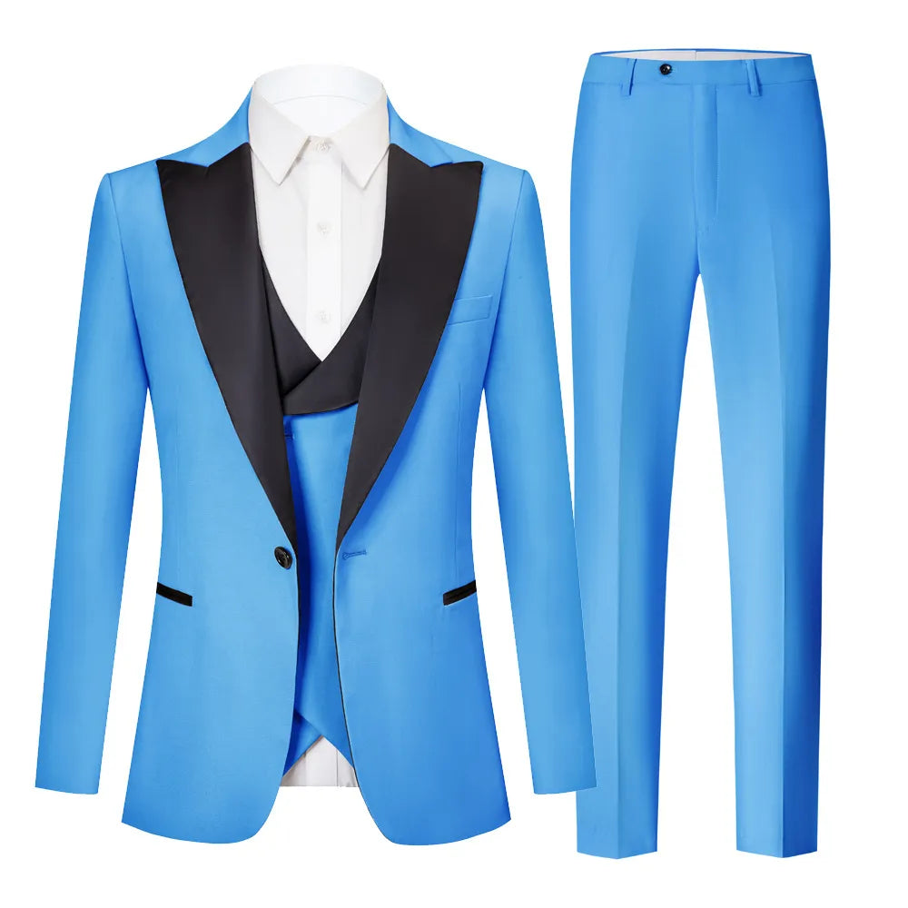 Traje de tres piezas ajustado de color liso para hombre, con cuello de solapa y cierre, traje informal de negocios, color negro C