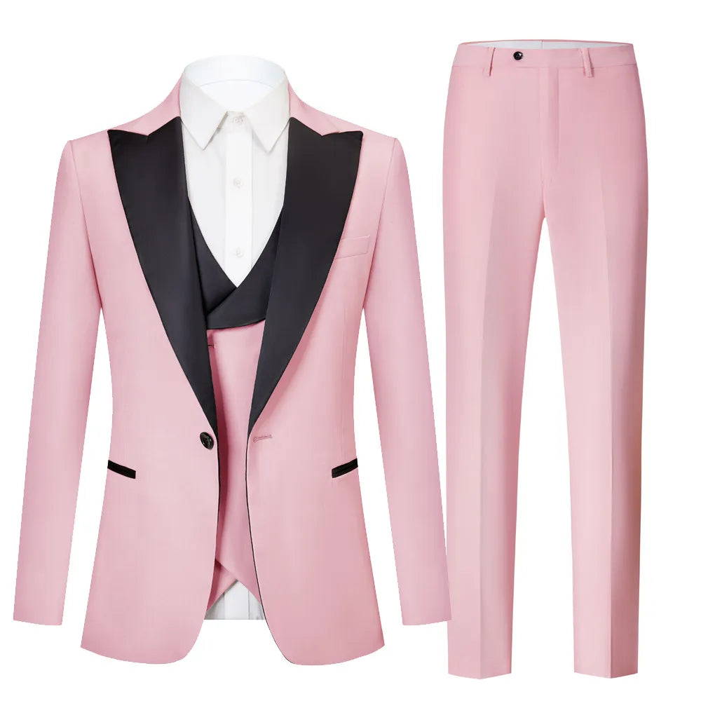 Traje de tres piezas ajustado de color liso para hombre, con cuello de solapa y cierre, traje informal de negocios, color negro C