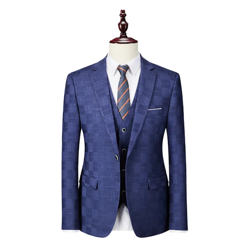 Costume à carreaux pour homme, version coréenne, slim, costume d'affaires pour homme, grande taille, ensemble trois pièces