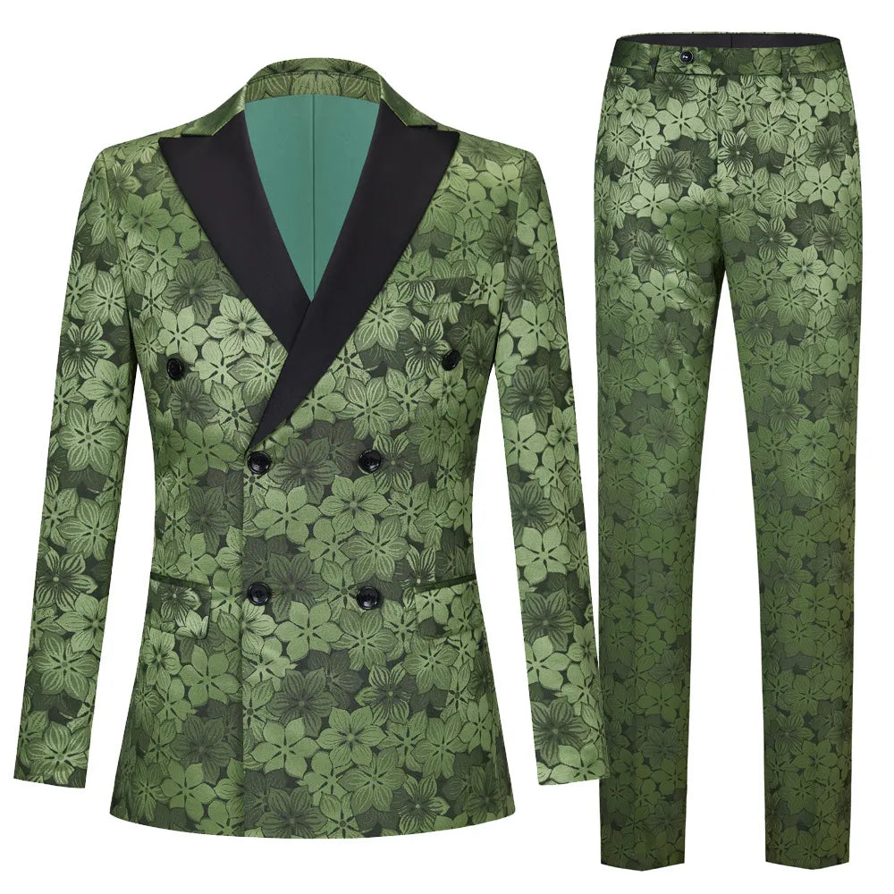 Green Jacquard Peak-lapel Collar Double-breasted Men's Suit Set Banquet Wedding Dress Two-piece Set
