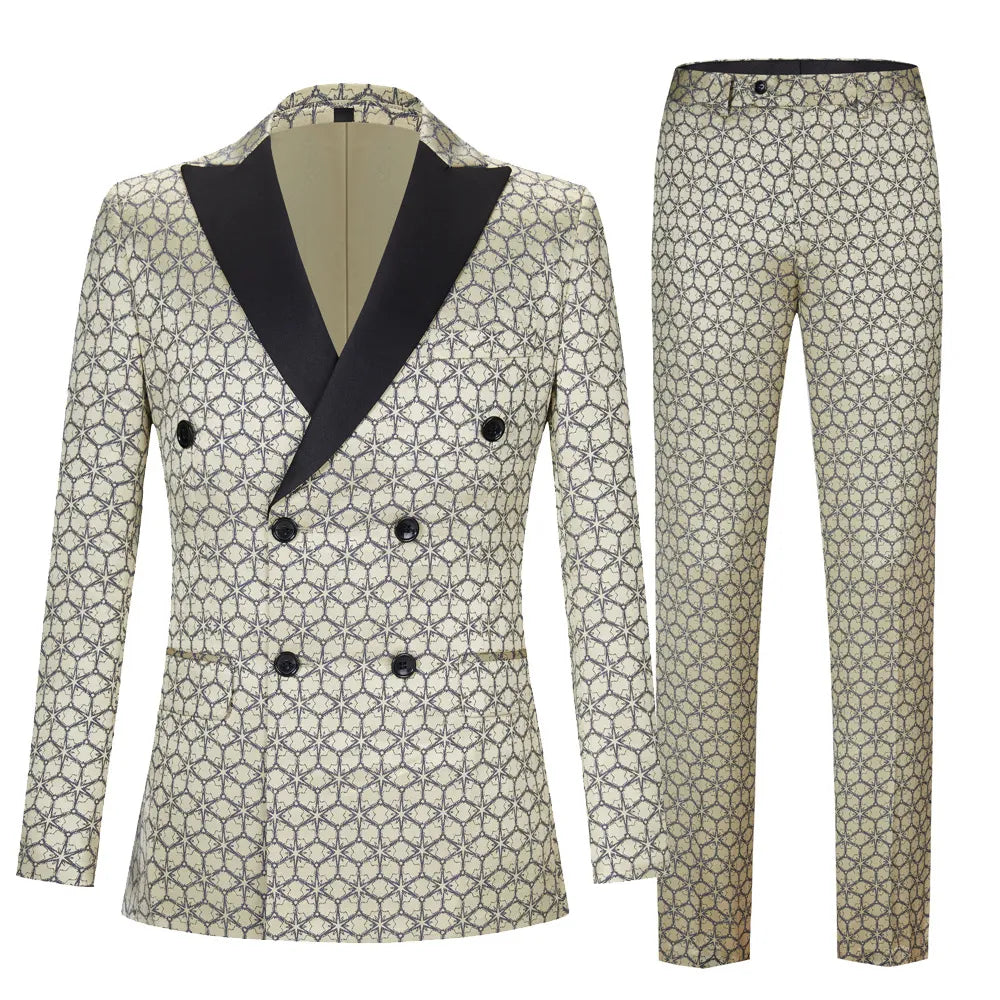 Men's Suit Two-piece Jacquard Peak-lapel Collar Black Collar Double-breasted Champagne Suit