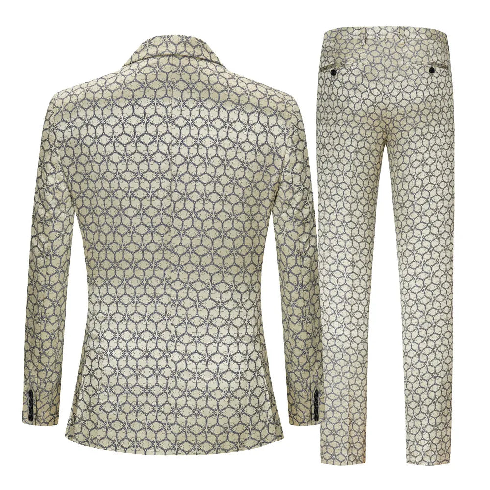 Men's Suit Two-piece Jacquard Peak-lapel Collar Black Collar Double-breasted Champagne Suit