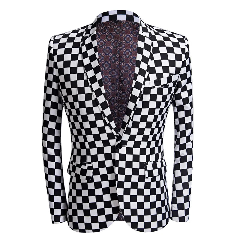 Vestido con estampado de cuadros en blanco y negro para hombre, traje informal, abrigo, presentador, peluquero, flores 