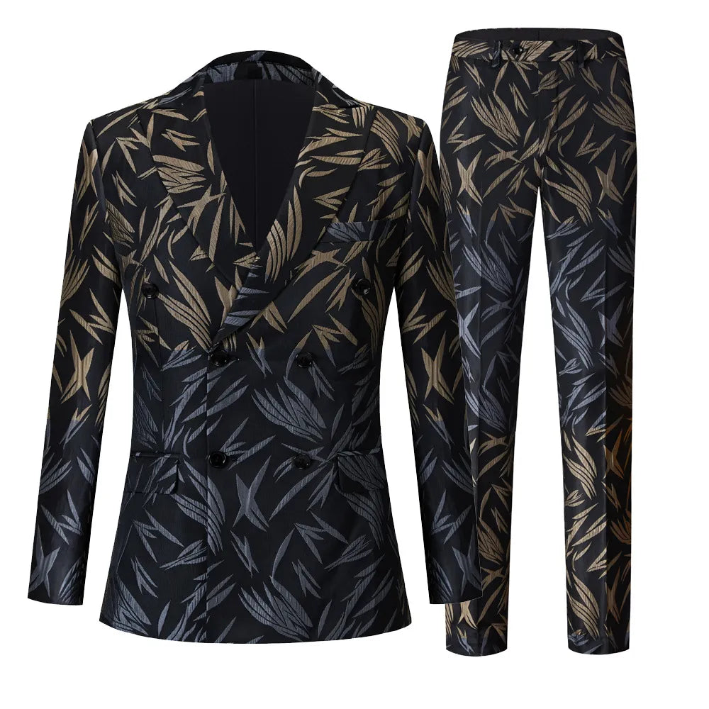 Men's Two-color Jacquard Suit Double-breasted Suit Peak Lapel Collar Slim Fit