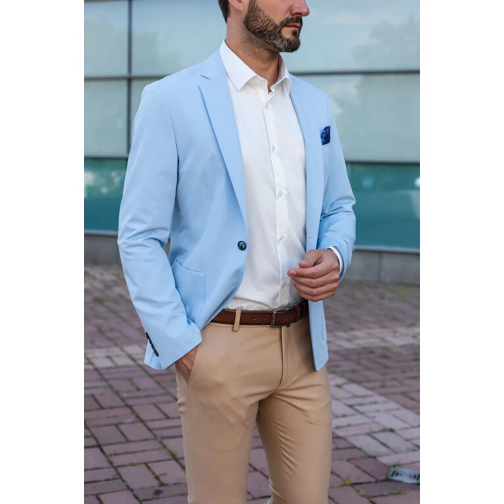 Blazer informal de boutique para hombre, de un solo pecho, color azul cielo, pantalones caqui, 2 piezas (chaqueta + pantalón) 