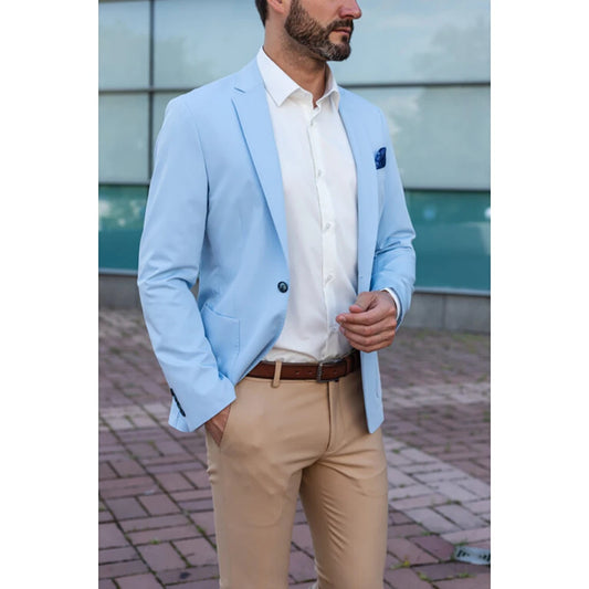Men's Casual Boutique Single Breasted Sky Blue Blazer Khaki Trousers 2 Pieces(Jacket+ Pants)