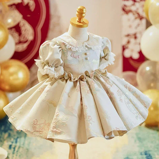 Baby Girls Floral Embroidered Party Dress with Puff Sleeves and Ruffle Detail