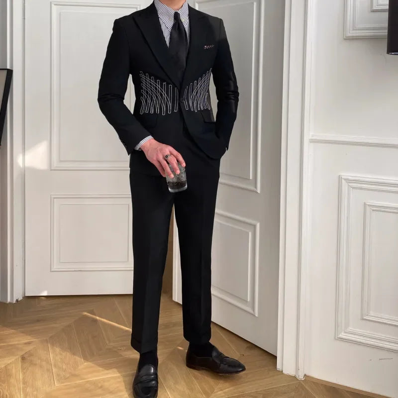Embroidery Patterns Suit Two Piece Wedding Party Suit Groom Banquet Suit Slim