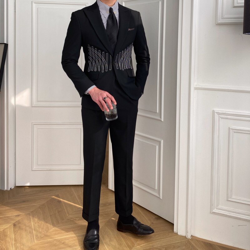 Embroidery Patterns Suit Two Piece Wedding Party Suit Groom Banquet Suit Slim