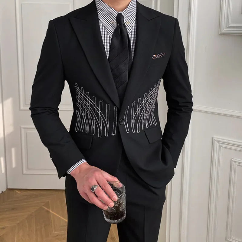 Embroidery Patterns Suit Two Piece Wedding Party Suit Groom Banquet Suit Slim