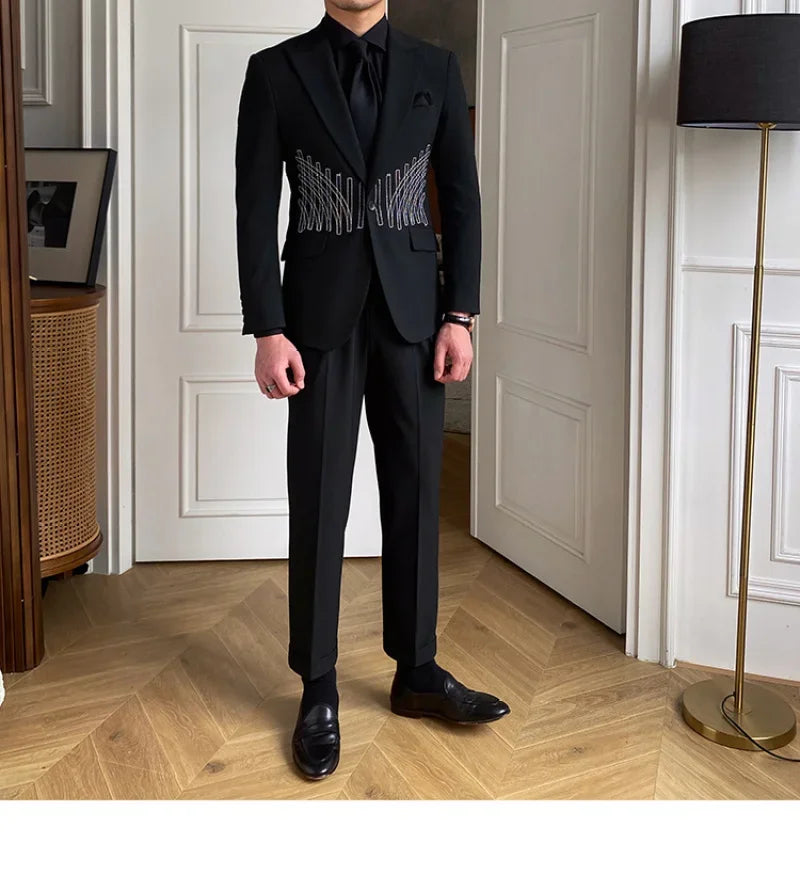 Embroidery Patterns Suit Two Piece Wedding Party Suit Groom Banquet Suit Slim