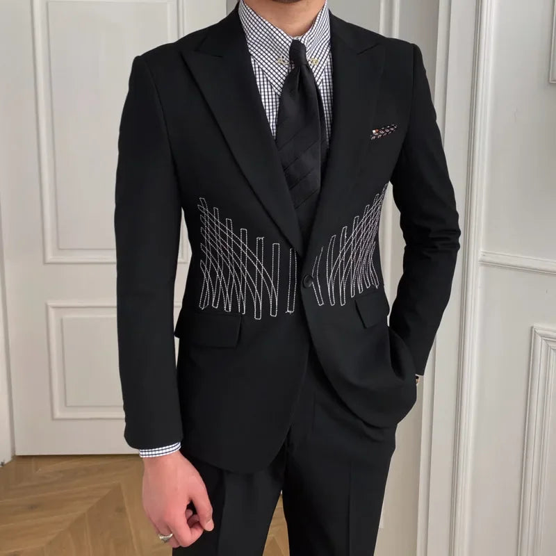 Embroidery Patterns Suit Two Piece Wedding Party Suit Groom Banquet Suit Slim
