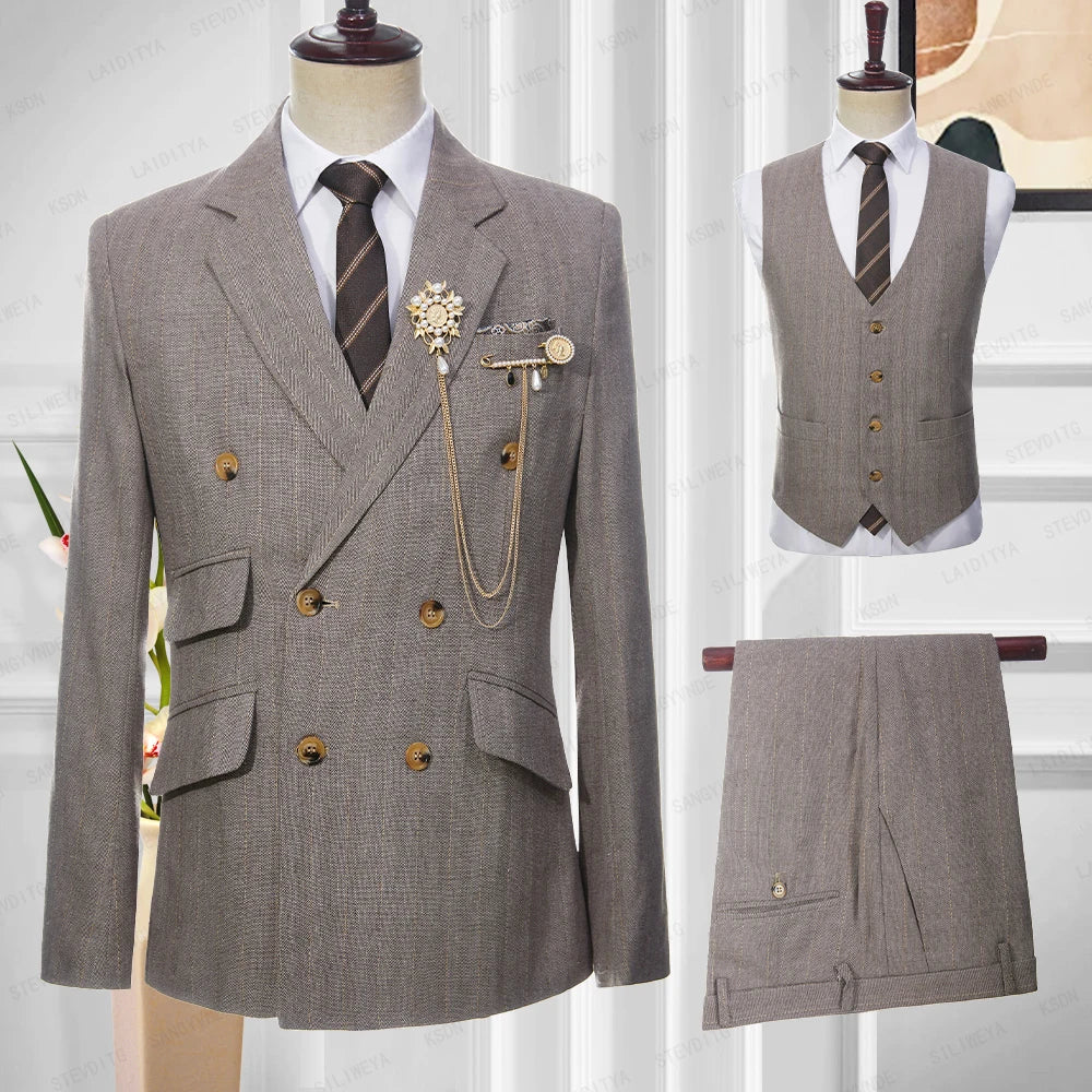 Men Double Breasted Khaki Linen Suits Vetical Stripe Slim Fit Tuxedos For Wedding 3 Pcs Set Jacket Vest Pants