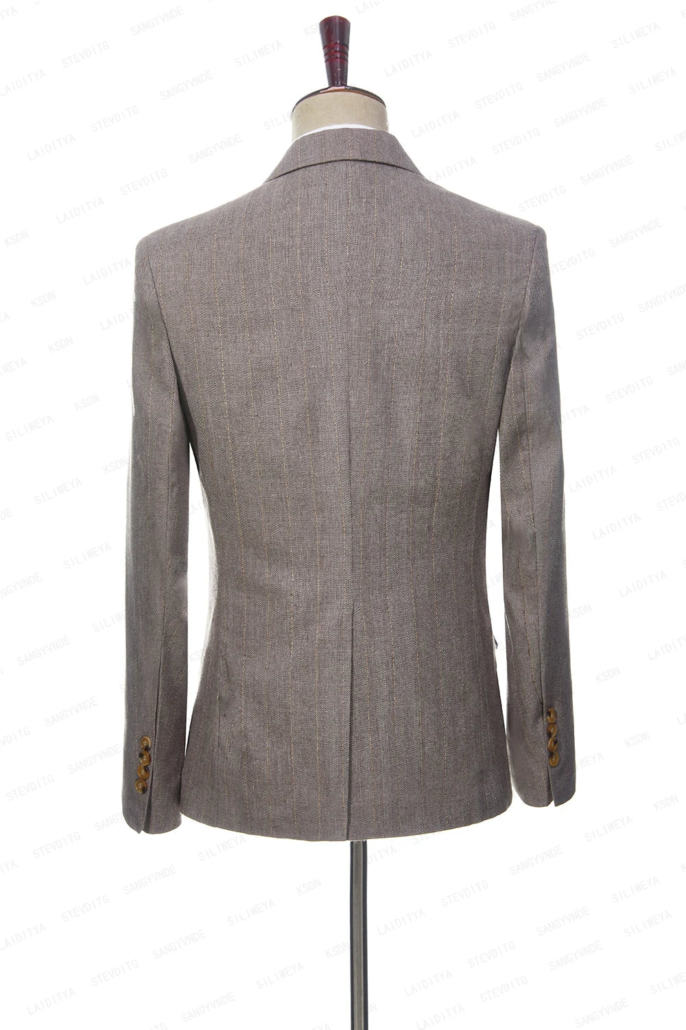 Men Double Breasted Khaki Linen Suits Vetical Stripe Slim Fit Tuxedos For Wedding 3 Pcs Set Jacket Vest Pants