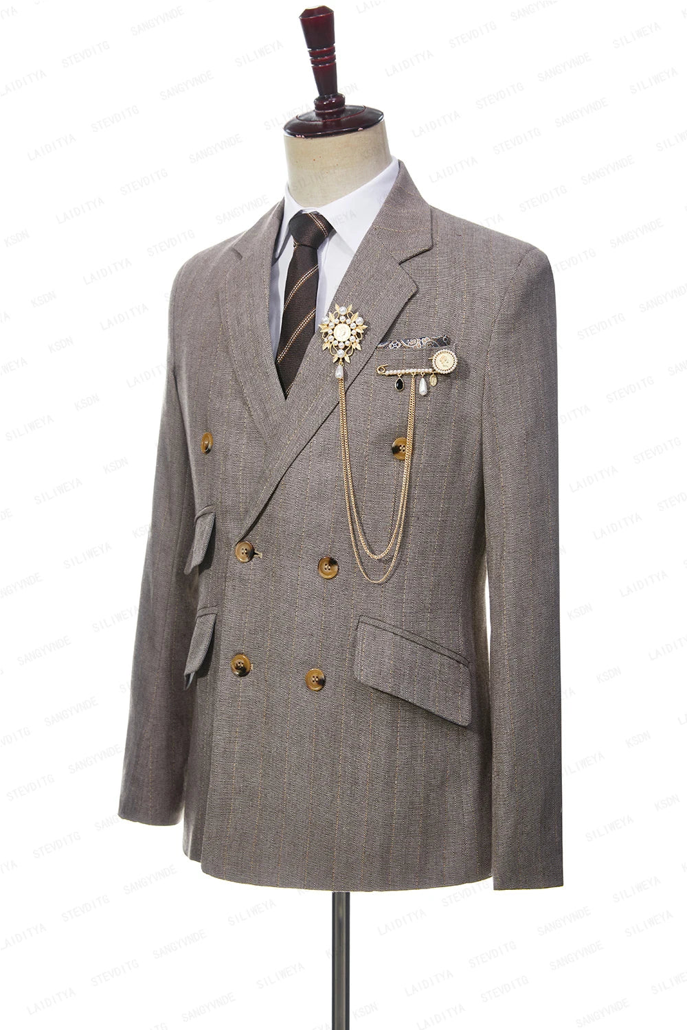 Men Double Breasted Khaki Linen Suits Vetical Stripe Slim Fit Tuxedos For Wedding 3 Pcs Set Jacket Vest Pants