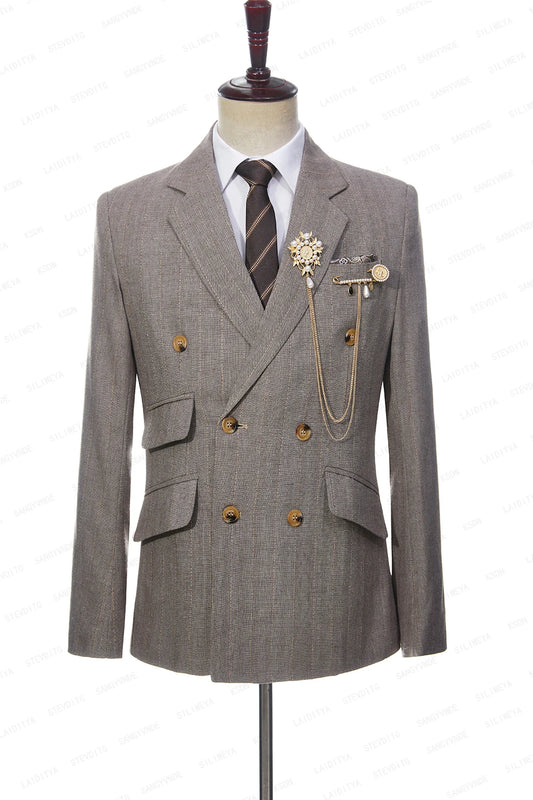 Men Double Breasted Khaki Linen Suits Vetical Stripe Slim Fit Tuxedos For Wedding 3 Pcs Set Jacket Vest Pants