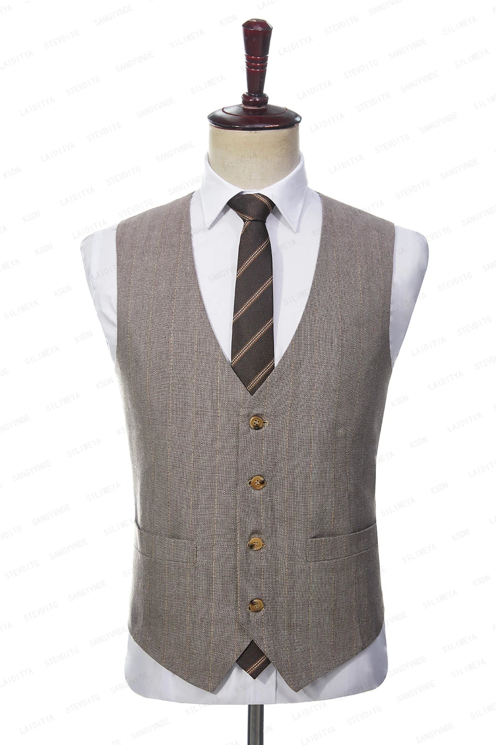 Men Double Breasted Khaki Linen Suits Vetical Stripe Slim Fit Tuxedos For Wedding 3 Pcs Set Jacket Vest Pants