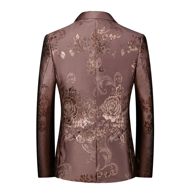 Men's Floral Pattern Jacquard Brown Blazer Satin Finish Single Breasted Button Closure
