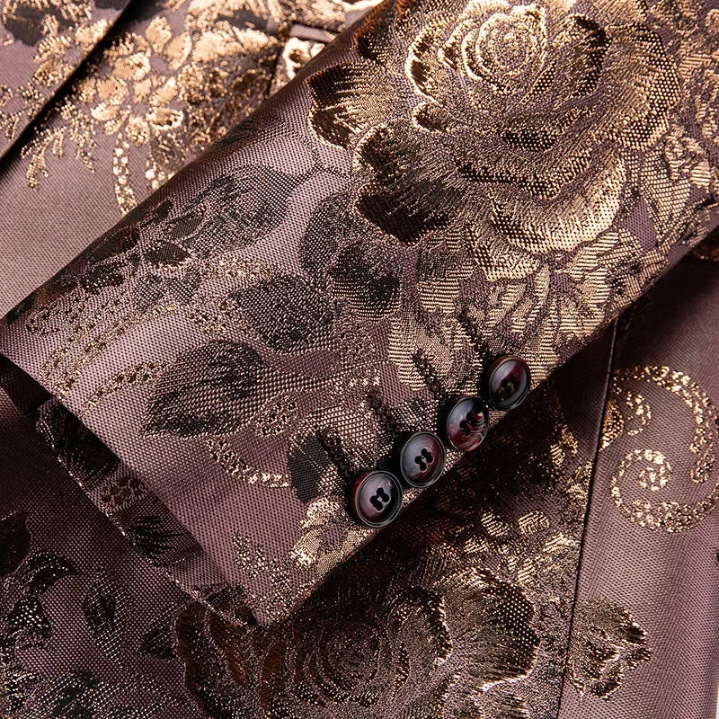 Men's Floral Pattern Jacquard Brown Blazer Satin Finish Single Breasted Button Closure